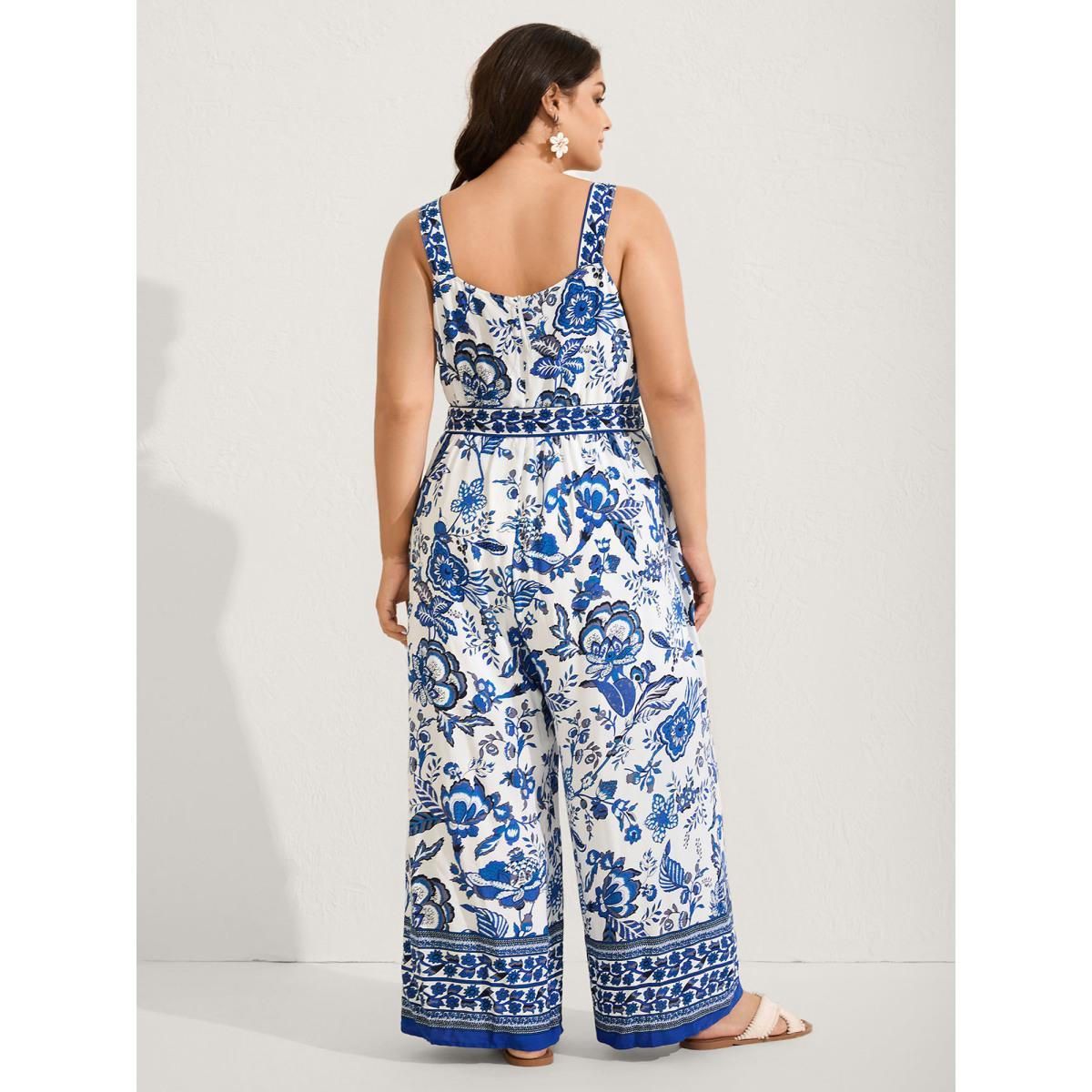 Plus Size Mediumblue Rayon Floral Print Lined Pockets Jumpsuit Women Sleeveless Square Neck Vacation Loose Jumpsuits BloomChic 26/4X Product Image