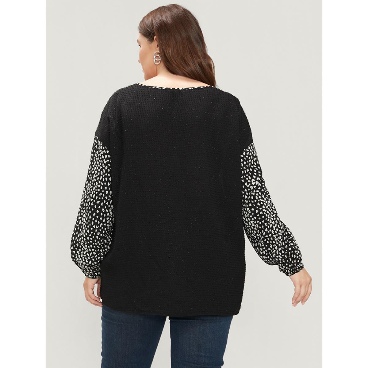 Plus Size Black Leopard Patchwork Raglan Sleeve V Neck Blouse Women Elegant Long Sleeve V-neck Dailywear Blouses BloomChic 18-20/2X Product Image