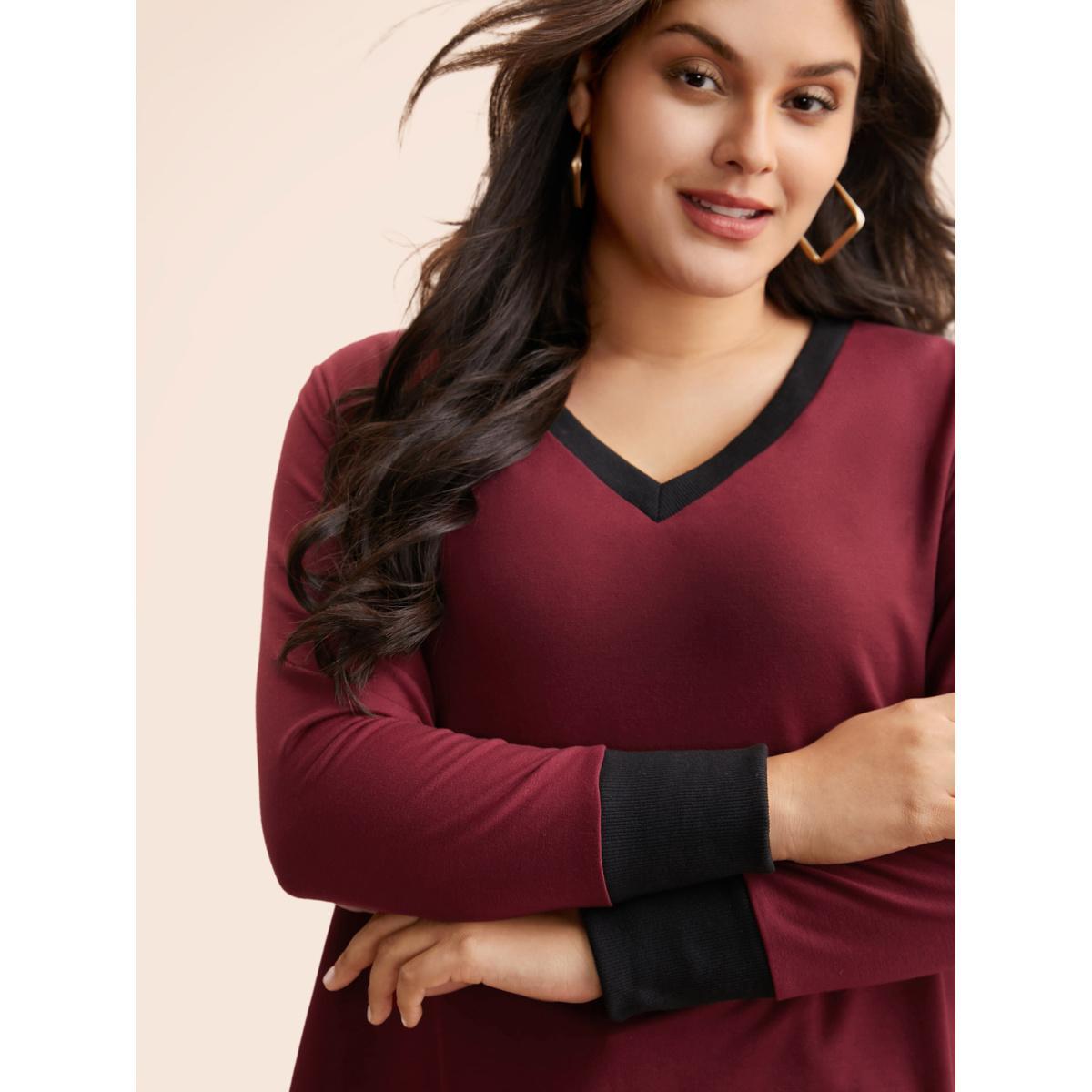 Plus Size V Neck Contrast Patchwork Sweatshirt Women Deepred Casual Contrast V-neck Everyday Sweatshirts BloomChic 28/5X Product Image