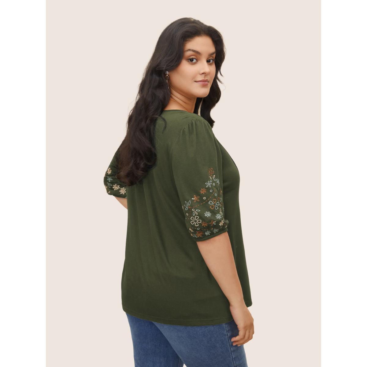 Plus Size Floral Embroidered Crew Neck Puff Sleeve T-shirt ArmyGreen Women Elegant Embroidered Round Neck Everyday T-shirts BloomChic 14-16/1X Product Image