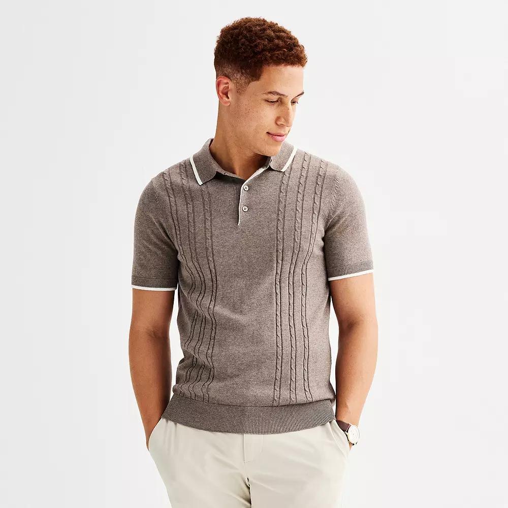 Men's Apt. 9® Short Sleeve Cable Knit Sweater Polo Shirt, Size: Large, Mineral Black Product Image