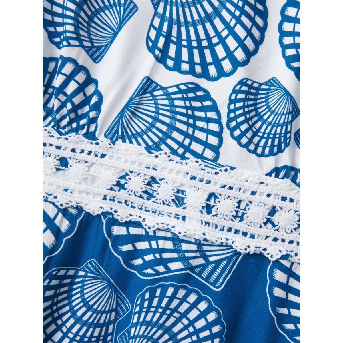 Plus Size Shell Print Lace Trim Pockets Maxi Dress DarkBlue Women V-neck Sleeveless Curvy BloomChic 22-24/3X Product Image