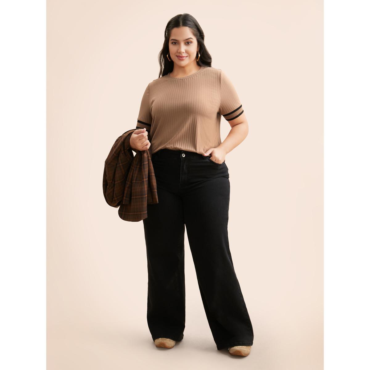 Plus Size Crew Neck Pit Strip Contrast Trim T-shirt LightBrown Women Casual Texture Round Neck Everyday T-shirts BloomChic 12/L Product Image