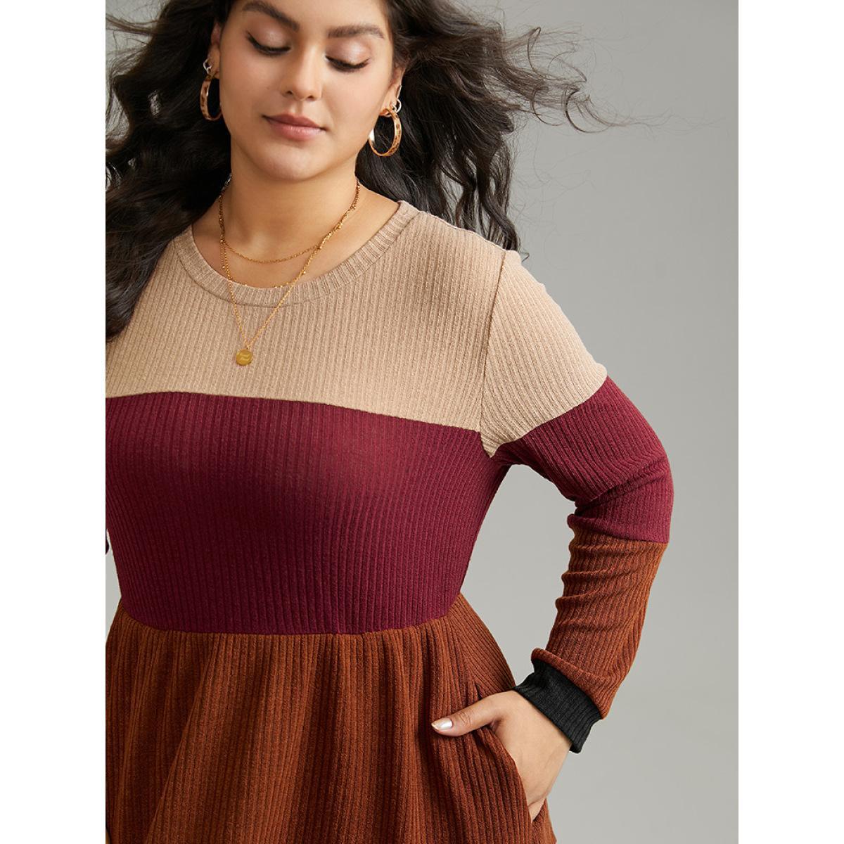 Plus Size Colorblock Rib Knit Pocket Patchwork Dress Multicolor Women Casual Rib Knit Round Neck Long Sleeve Curvy Knee Dress BloomChic 30/6X Product Image