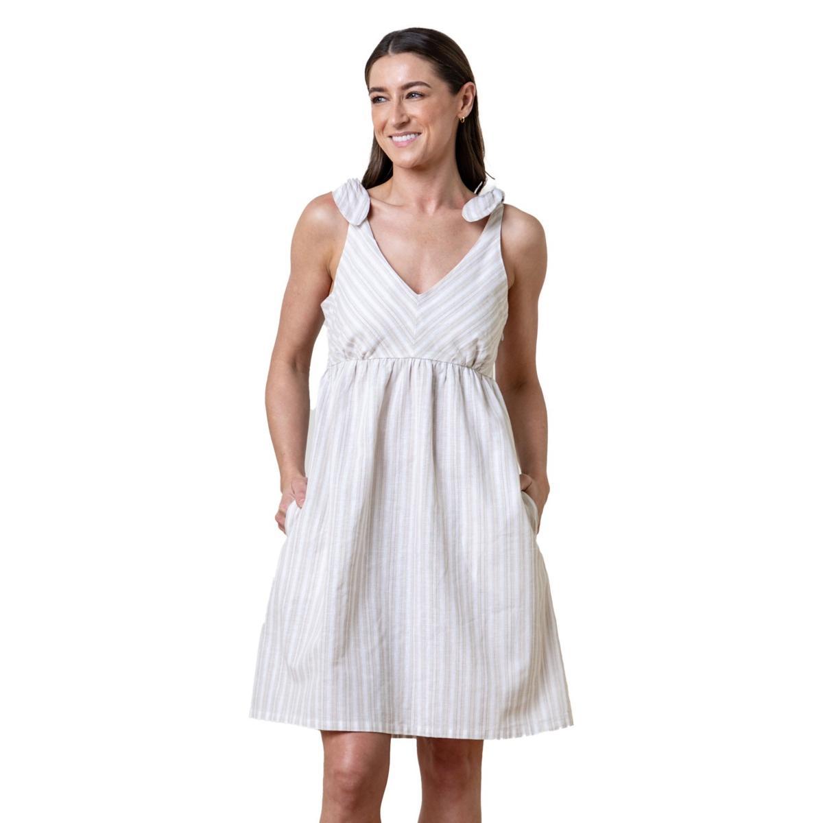 Hope & Henry Women's Sleeveless Bow Shoulder Dress in Stone Stripe Linen at Nordstrom, Size 6 Product Image