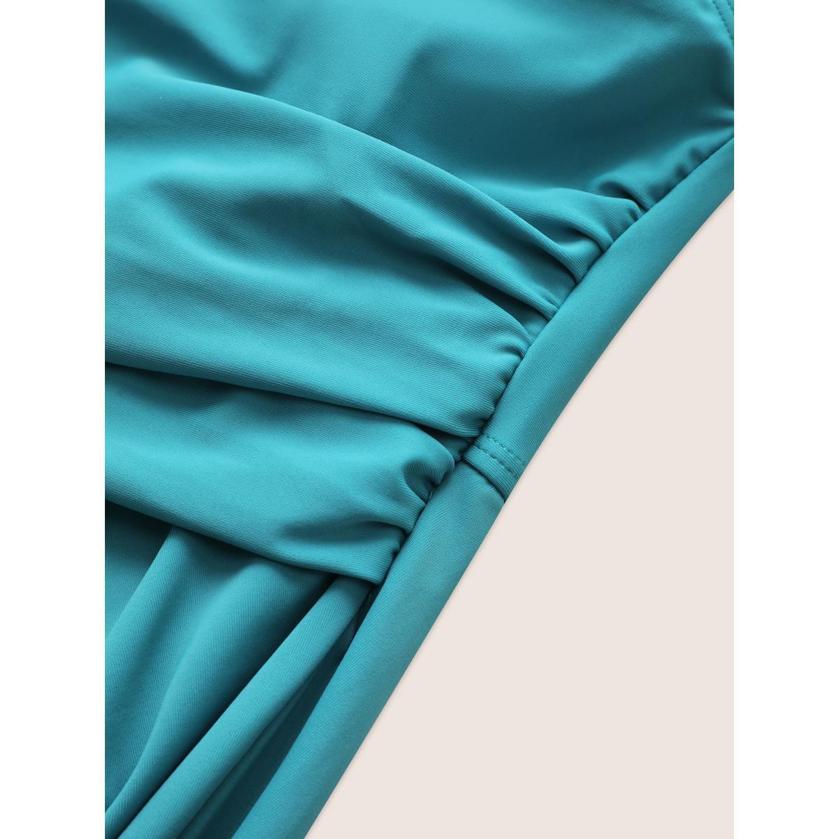 Plus Size Plain Crossover Gathered Detail Swim Dress Women's Swimwear Teal Beach Bodycon Heart neckline High stretch Curve Swim Dresses BloomChic 18-20/2X Product Image