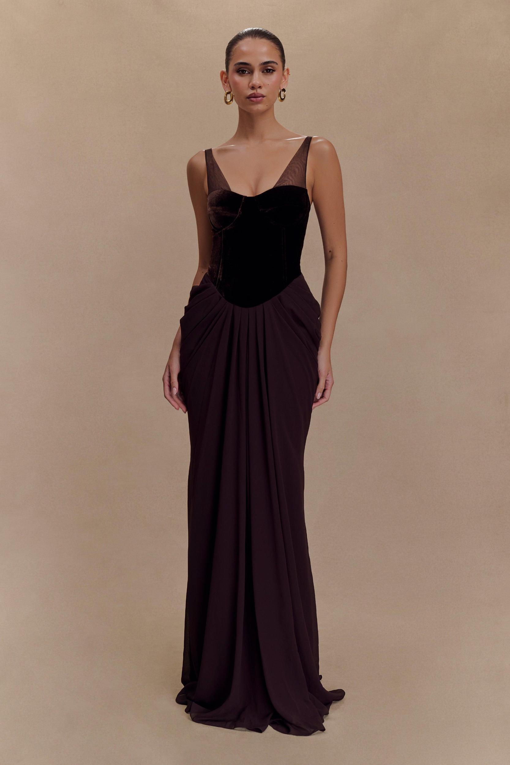 Roxanne Velvet Corset Maxi Dress - Cacao Brown Product Image