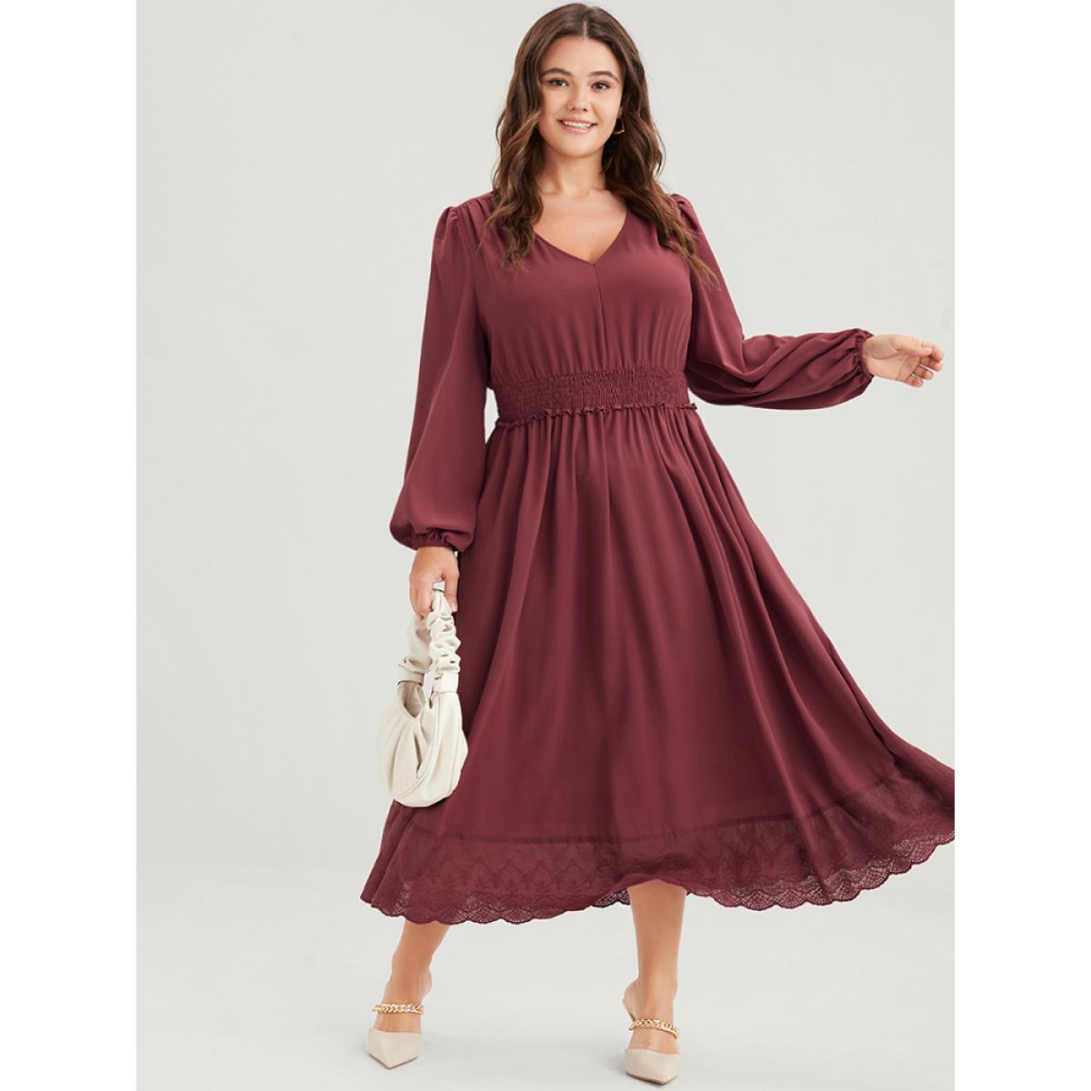 Plus Size Solid Pocket Lantern Sleeve Patchwork Ruffled Shirred Dress DustyPink Women Elegant Plain V-neck Long Sleeve Curvy Midi Dress BloomChic 28/5X Product Image
