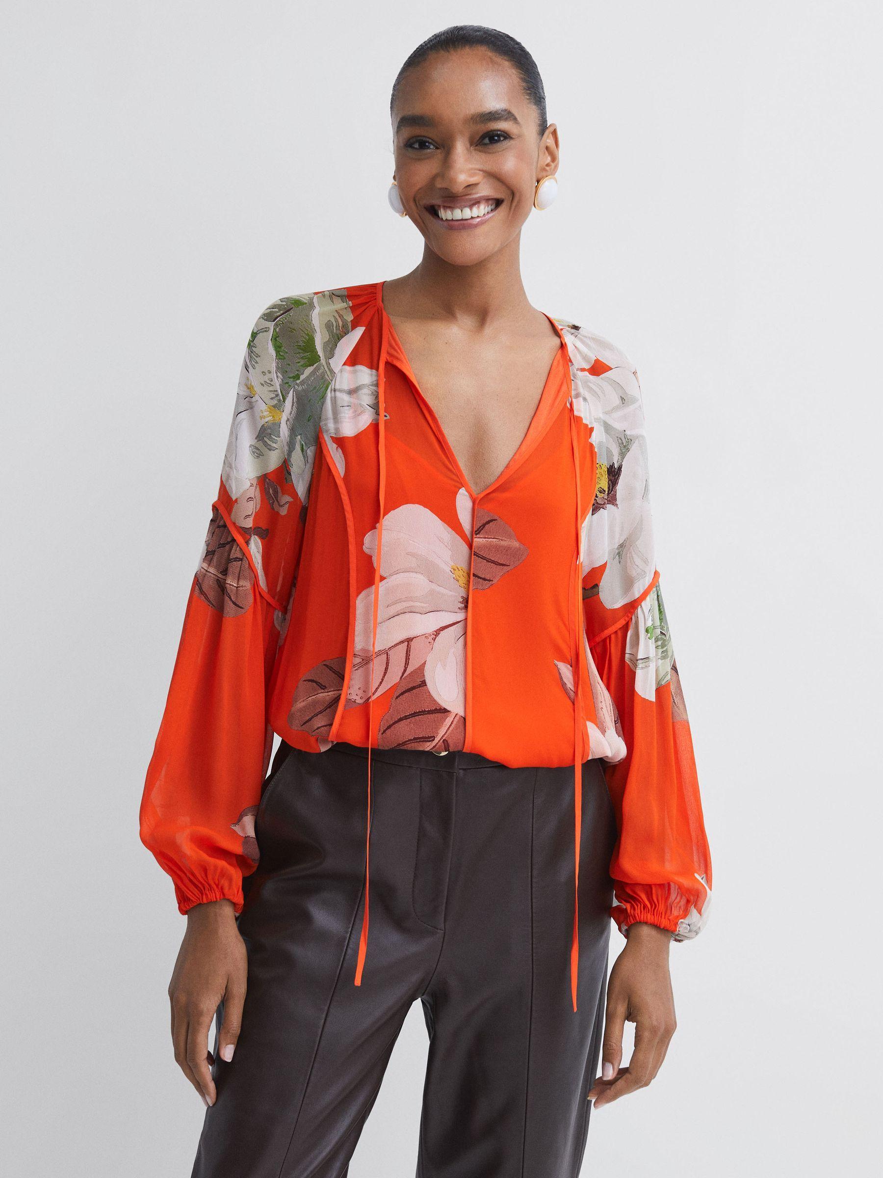 Florere Sheer Floral Tie Neck Blouse in Orange Product Image