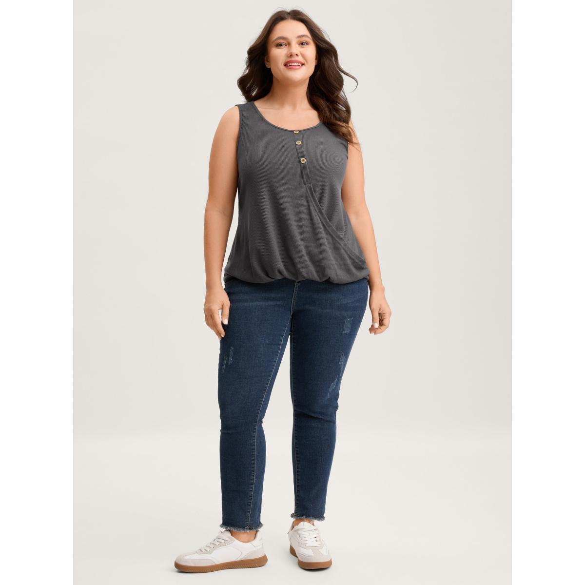 Plus Size Waffle Bubble Hem Buttons Tank Top Women DimGray Overlapping Round Neck Everyday-Casual Tank Tops Camis BloomChic 28/5X Product Image