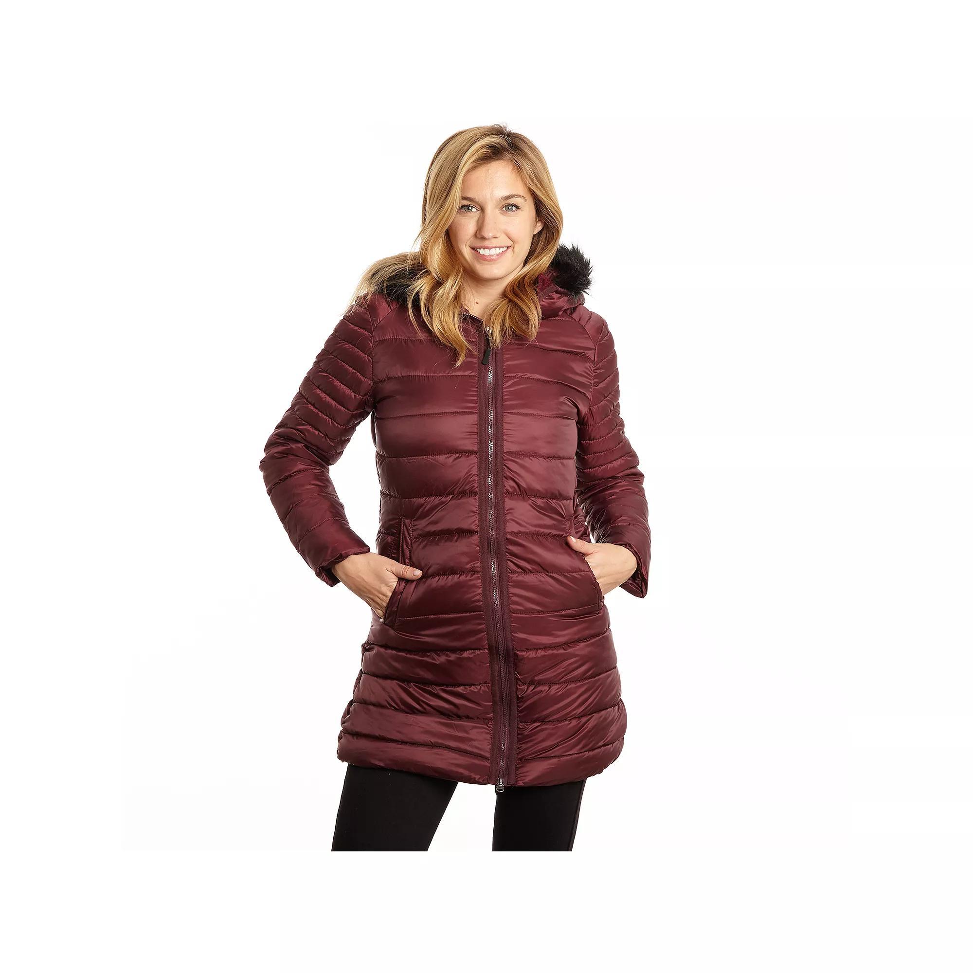 Womens Excelled Poly 3/4 Puffer with Attached Hood Faux Fur Trim, Women's, Size: Small, Red Product Image