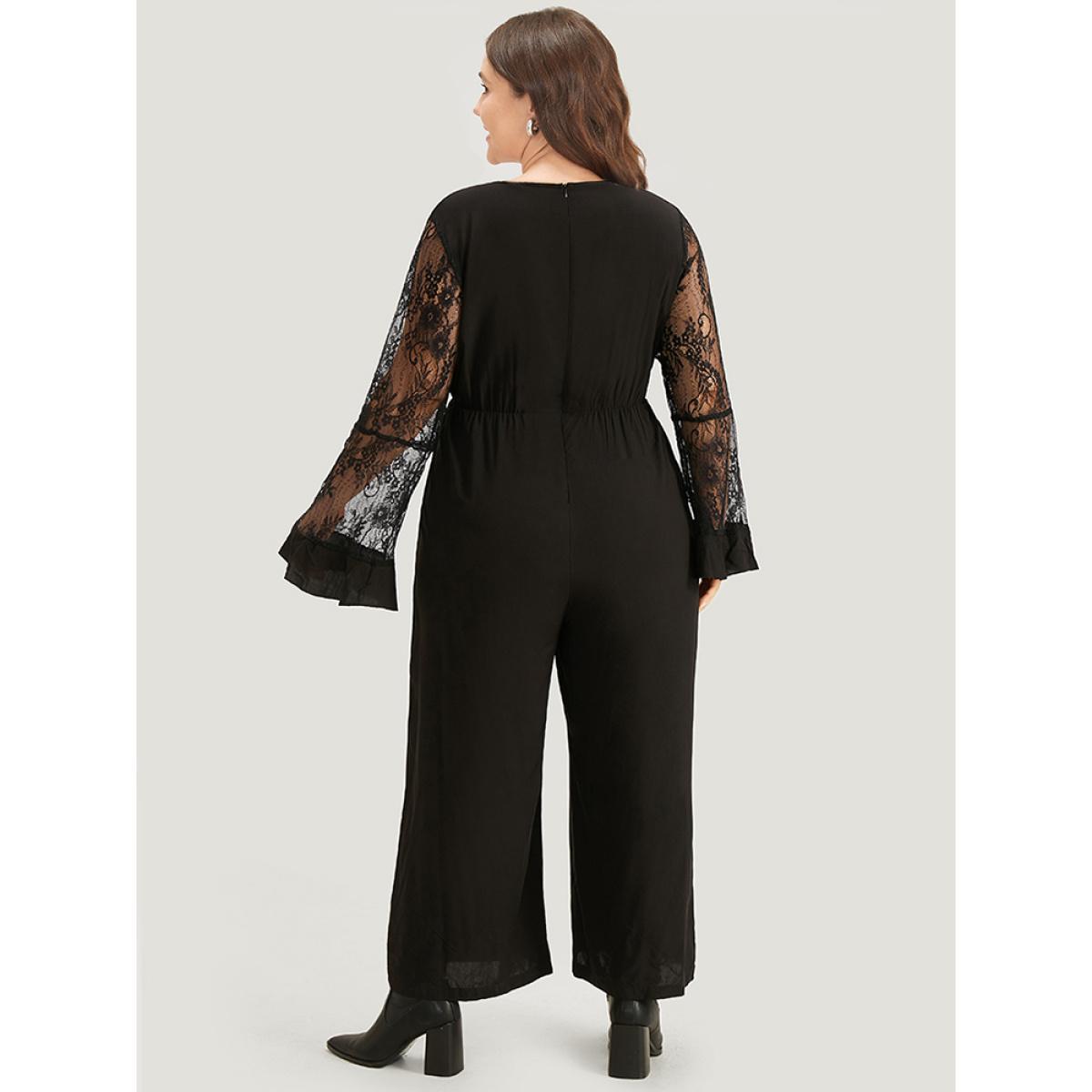 Plus Size Black Halloween Plain Mesh Eyelet Lace Pocket Jumpsuit Women Elegant Long Sleeve V-neck Festival-Halloween Loose Jumpsuits BloomChic 22-24/3X Product Image