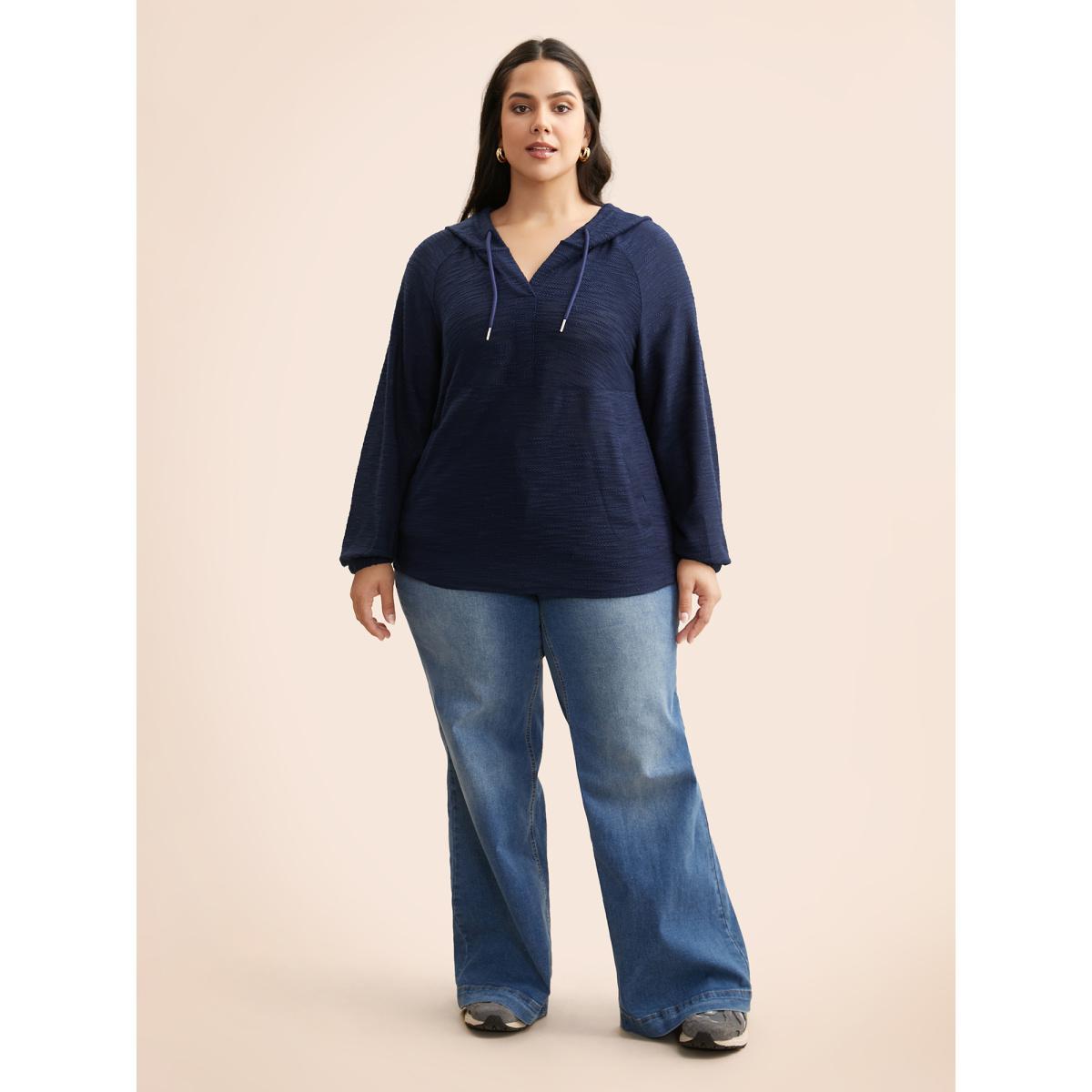 Plus Size Texture Drawstring Pocket Hooded Sweatshirt Women DarkBlue Casual Texture Loose Hooded Everyday Sweatshirts BloomChic 26/4X Product Image