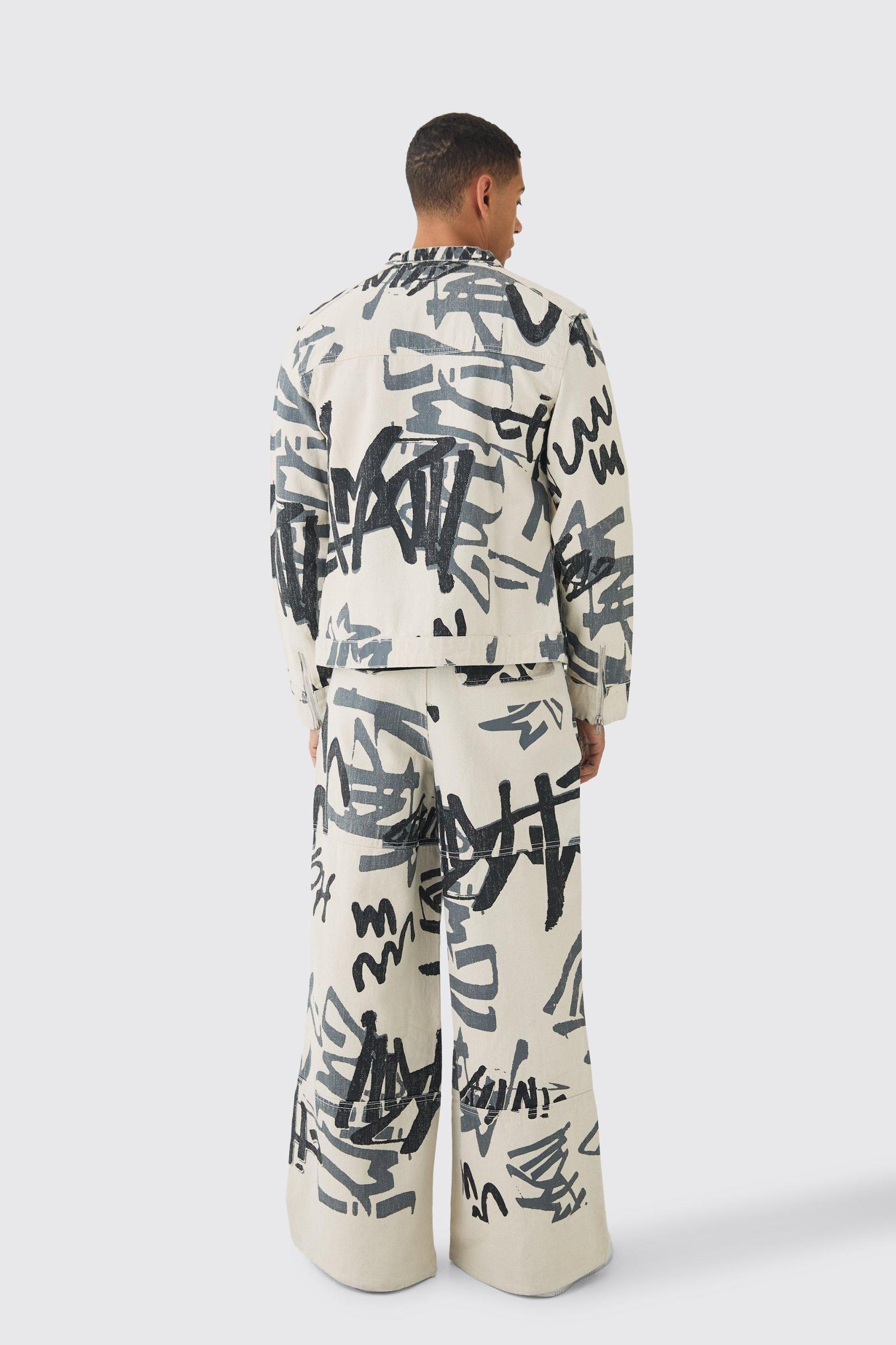 Slim Boxy Denim Graffiti Laser Print Biker Jacket | boohooMAN USA Product Image