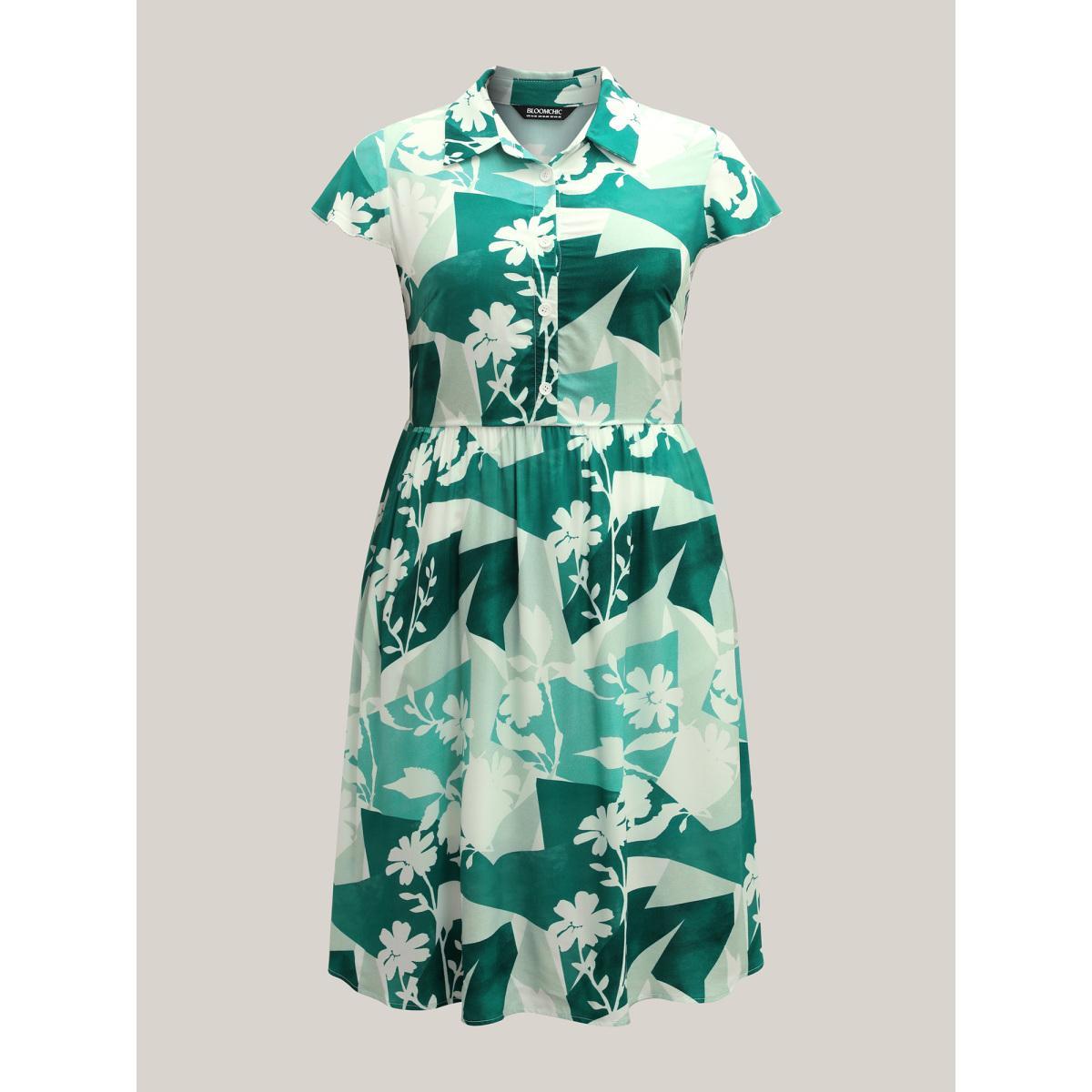 Plus Size Serene Floral Print Pockets Midi Dress Emerald Women Shirt collar Short sleeve Curvy BloomChic 26/4X Product Image