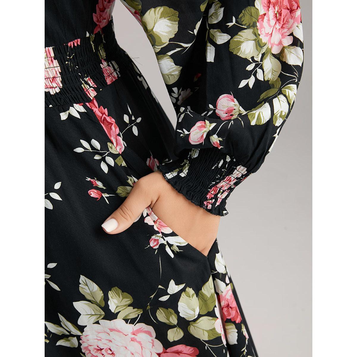 Plus Size Supersoft Essentials Floral Pocket Shirred Dress Black Women Elegant Wrap Overlap Collar Long Sleeve Curvy Midi Dress BloomChic 30/6X Product Image