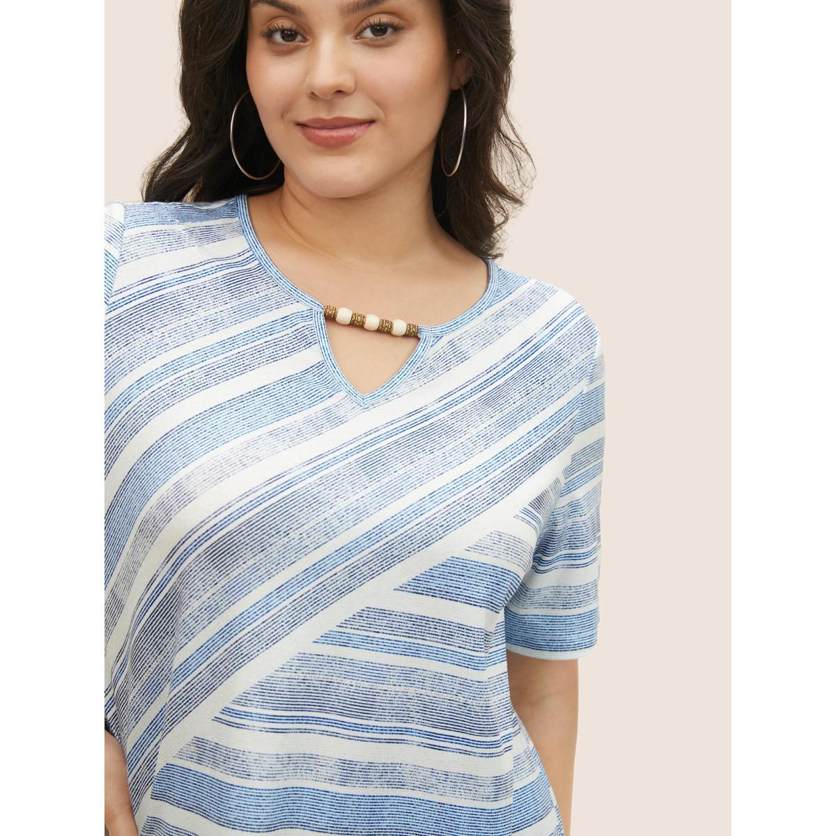 Plus Size Striped Bead Chain Cut Out T-shirt Blue Women Casual Notched collar Everyday T-shirts BloomChic 26/4X Product Image