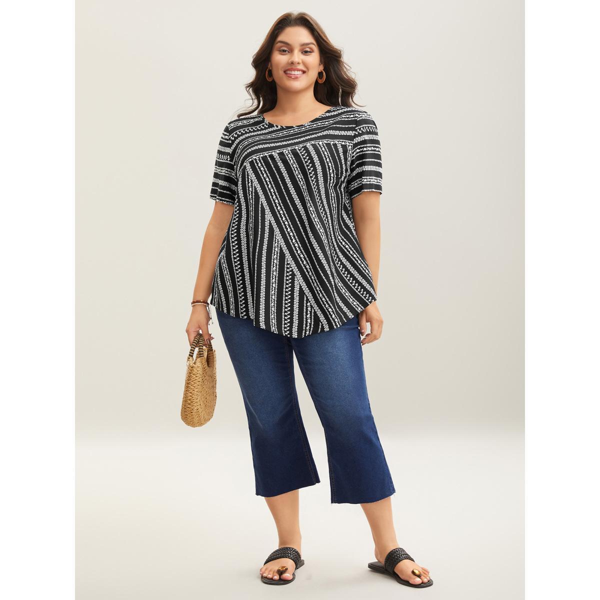 Plus Size Black Striped Overlap Print Curvy Hem Blouse Women Resort Short sleeve Round Neck Vacation Blouses BloomChic 18-20/2X Product Image