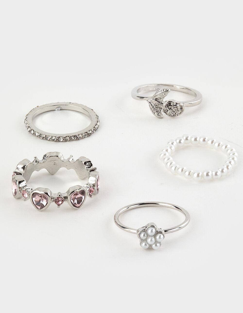 FULL TILT 5 Pack Rhinestone/Heart Ring Set - SILVER Product Image