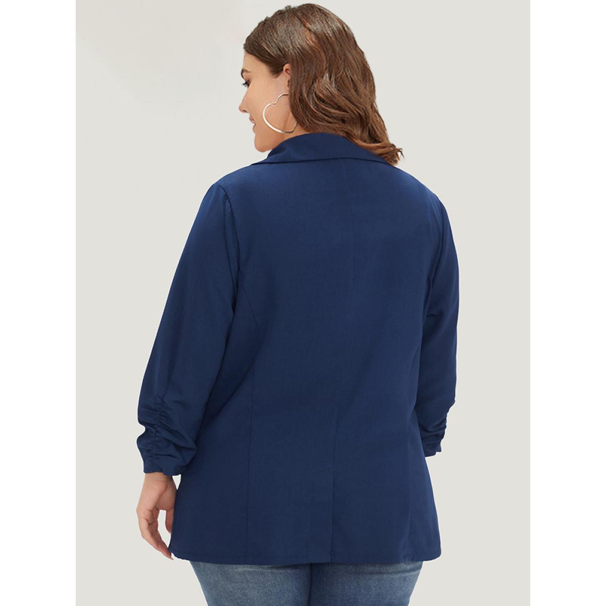 Plus Size Plain Pocket Button Up Suit Collar Gathered Blazer Indigo Women Work Plain Gathered Sleeve Long Sleeve Suit Collar 14-16/1X Pocket Office Blazers BloomChic Product Image