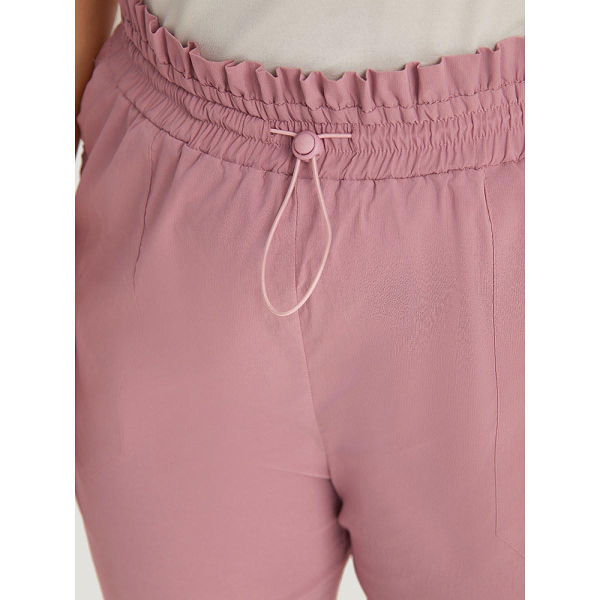 Plus Size Plain Paperbag Waist Drawstring Hem Slant Pocket Pants Women Rouge Casual High Rise Dailywear Pants BloomChic 14-16/1X Product Image