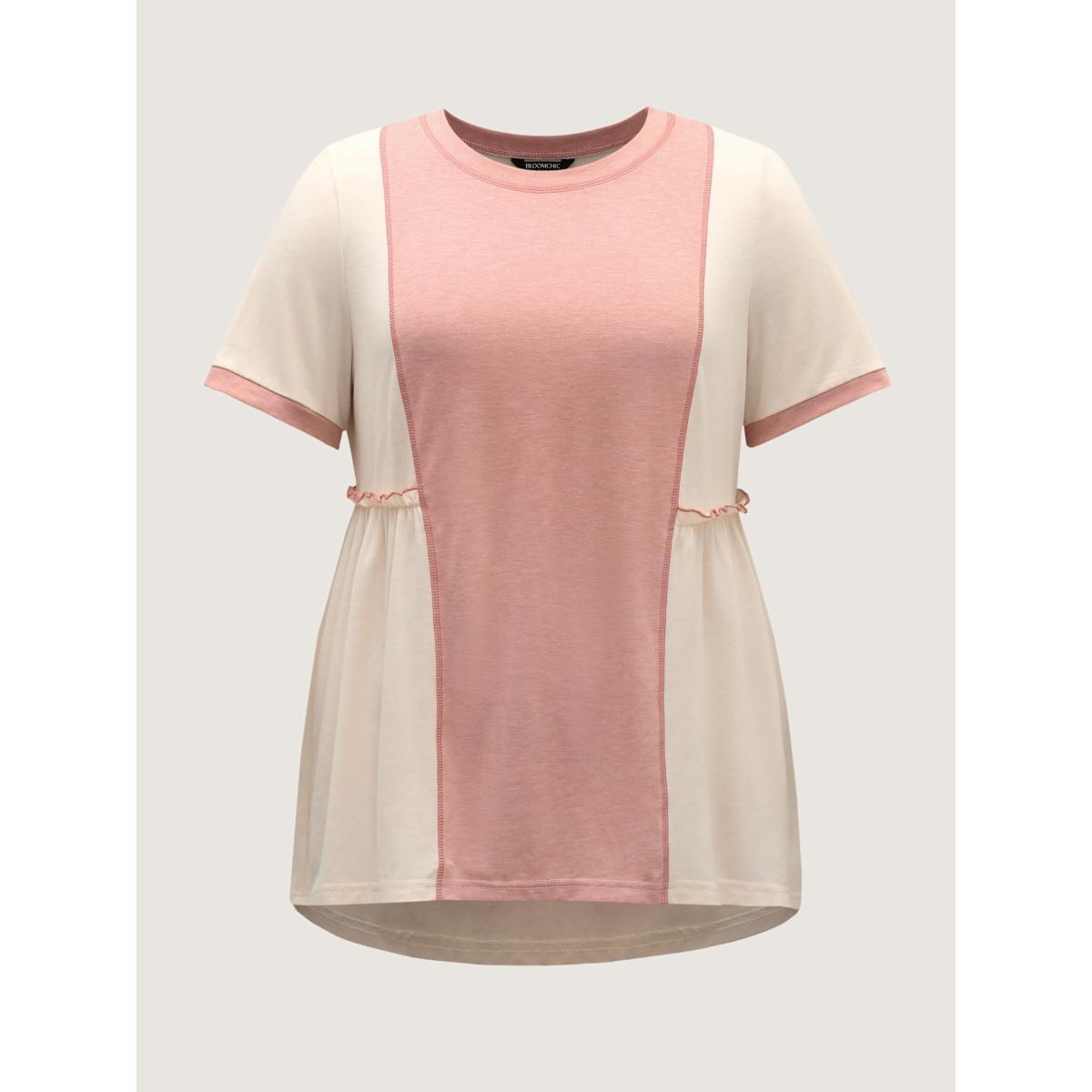 Plus Size Color Contrast High Low Hem T-Shirt Nudepink Women Gathered Round Neck Everyday-Casual T-shirts BloomChic 28/5X Product Image