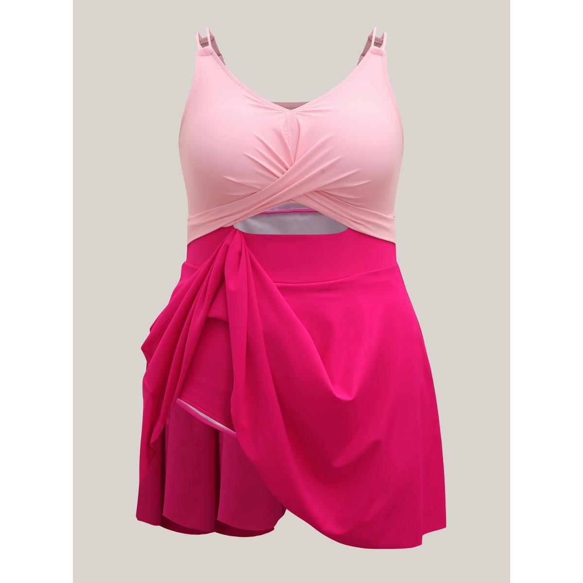 Plus Size Anti-Float Ties Cut-Out Swim Dress Women's Swimwear Rosered Beach Bodycon V-neck High stretch Curve Swim Dresses BloomChic 12/L Product Image