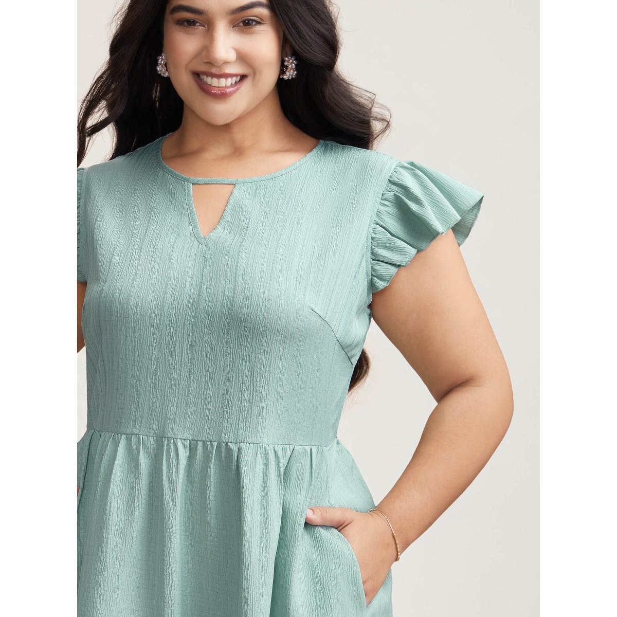Plus Size Textured Back Cut-Out Flutter Sleeve Midi Dress Greenbean Women Elegant Woven ribbon&lace trim Round Neck Cap Sleeve Curvy BloomChic 22-24/3X Product Image