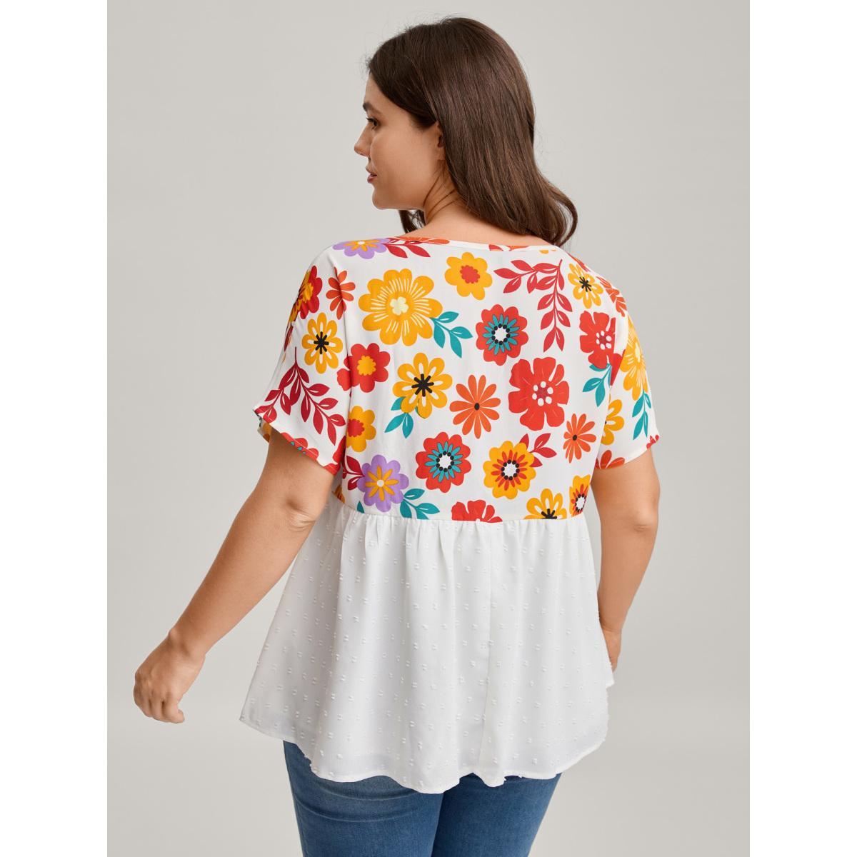 Plus Size WhiteSmoke Floral Print Neck-Tie Babydoll Top Women Resort Short sleeve Non Vacation Blouses BloomChic 10/M Product Image