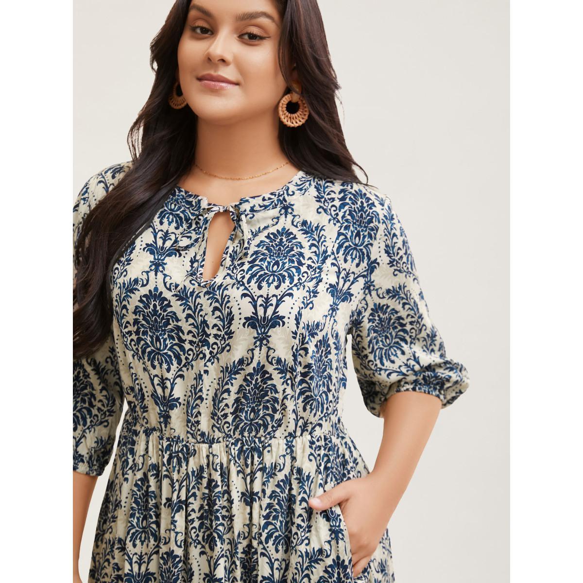 Plus Size Damask Print Tie Knot Puff Sleeve Dress DarkBlue Women Resort Tie knot V-neck Elbow-length sleeve Curvy BloomChic 26/4X Product Image
