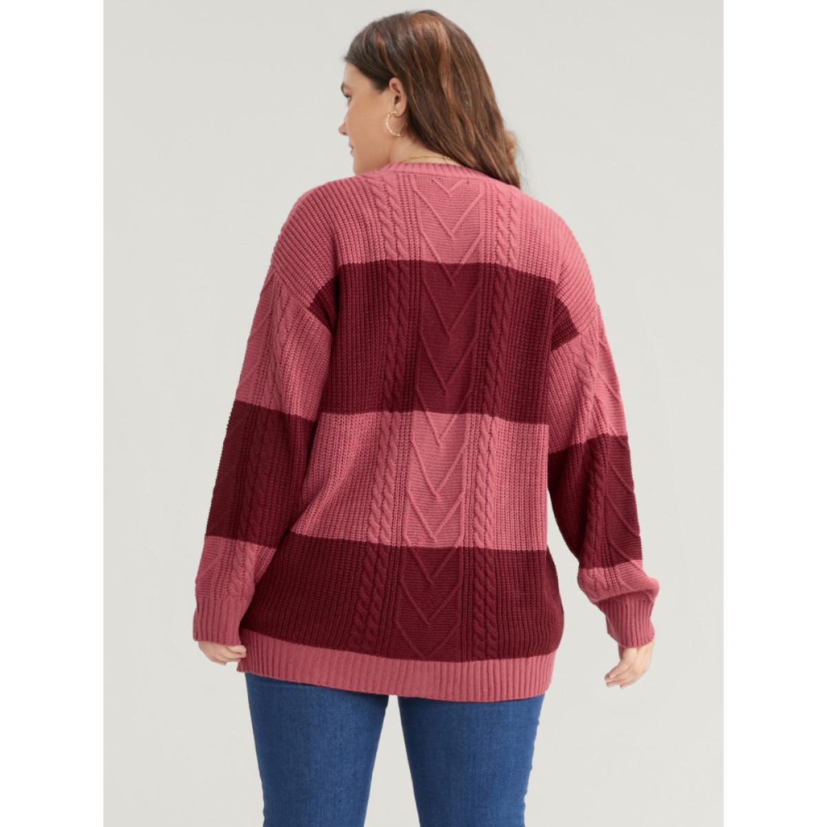 Plus Size Colorblock Contrast Pointelle Knit Pocket Button Front Cardigan Multicolor Women Casual Loose Long Sleeve Dailywear Cardigans BloomChic 18-20/2X Product Image