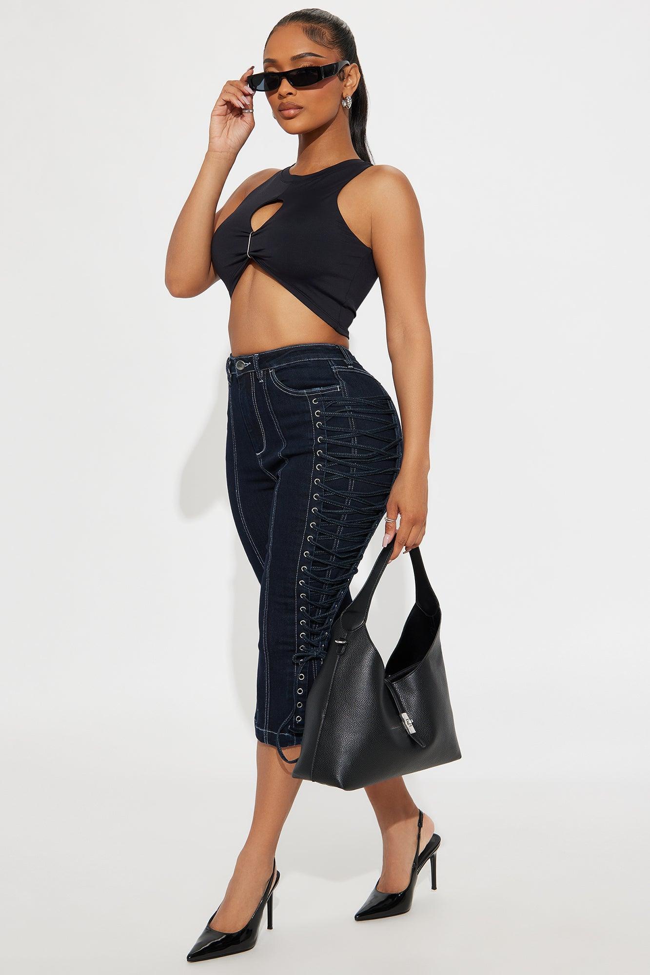 Laced Up Capri Kick Flare Jeans - Dark Wash Product Image