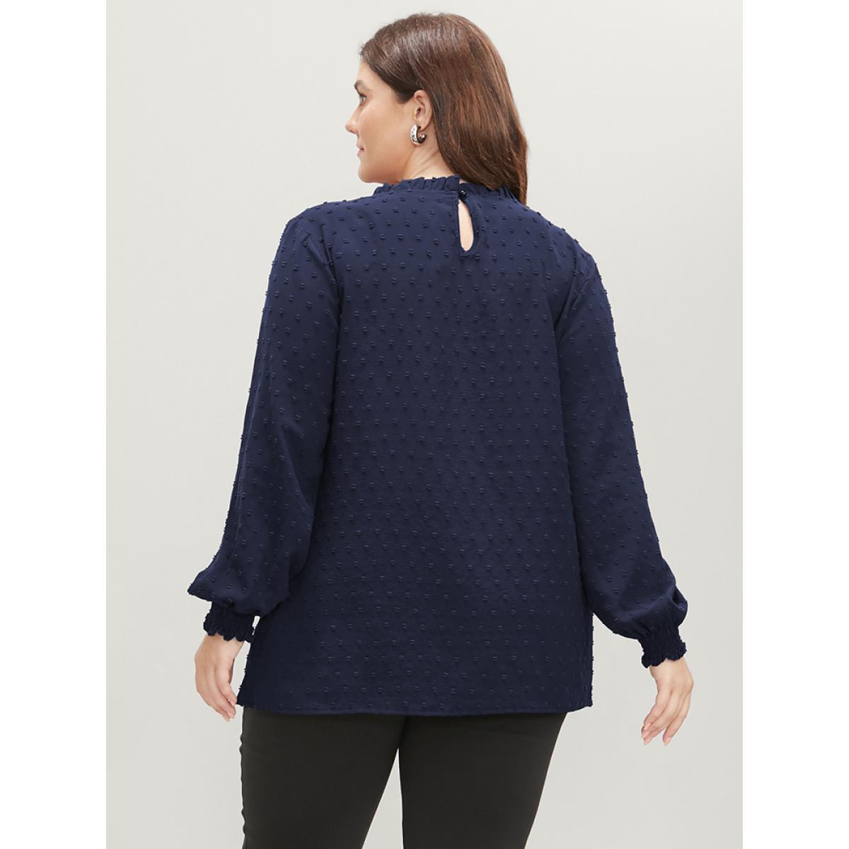 Plus Size Navy Polka Dot Frill Trim Shirred Keyhole Blouse Women Elegant Long Sleeve Round Neck Dailywear Blouses BloomChic 30/6X Product Image