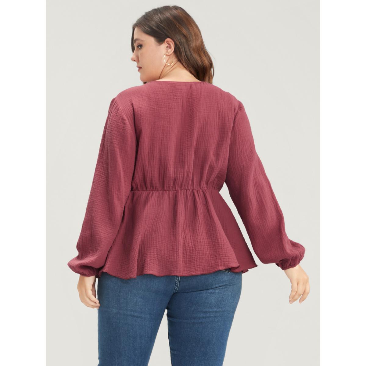 Plus Size Russet Solid Lantern Sleeve Asymmetrical Hem Wrap Blouse Women Elegant Long Sleeve V-neck Dailywear Blouses BloomChic 10/M Product Image