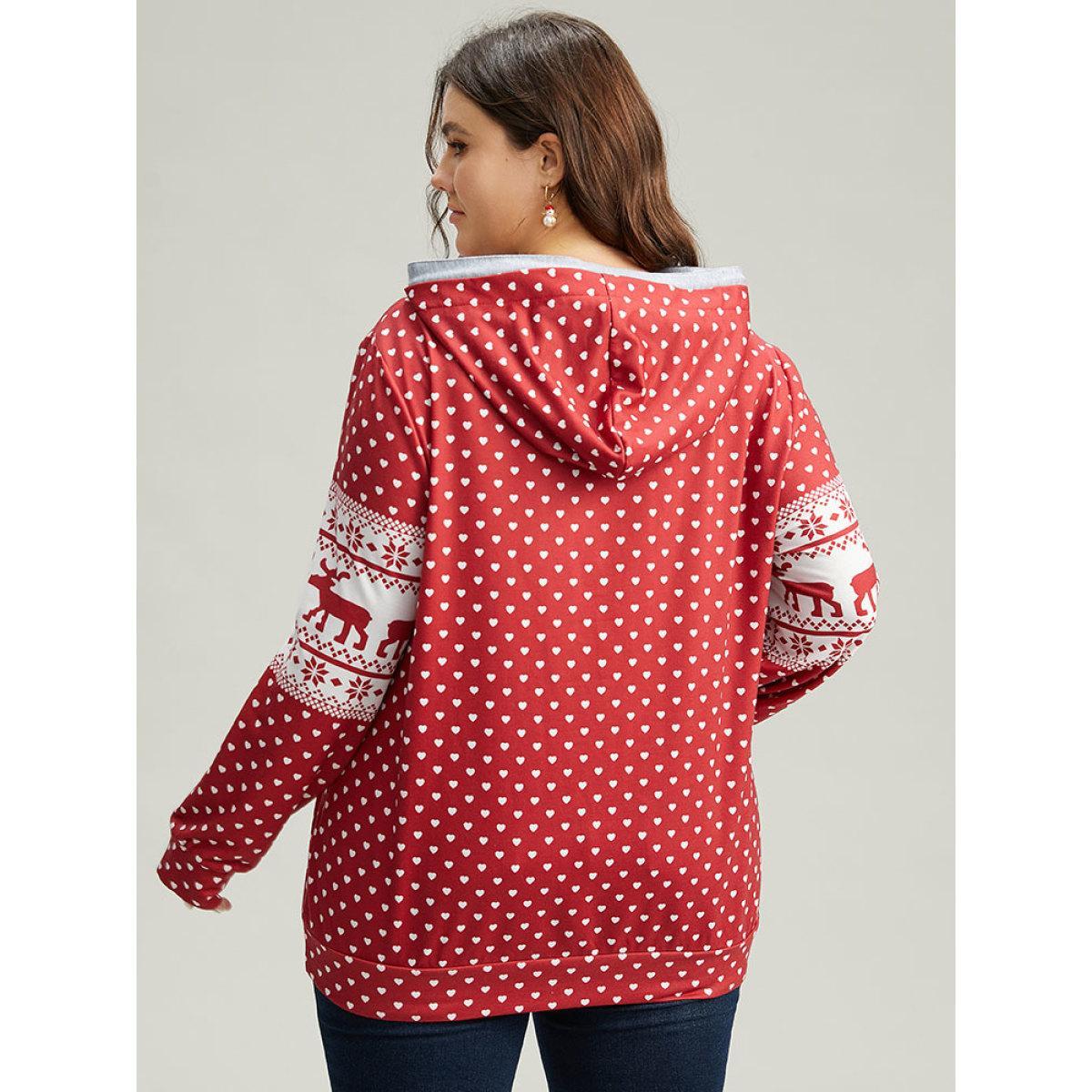 Plus Size Christmas Elk Contrast Kangaroo Pocket Hooded Sweatshirt Women Red Casual Printed Hooded Festival-Halloween Sweatshirts BloomChic 26/4X Product Image