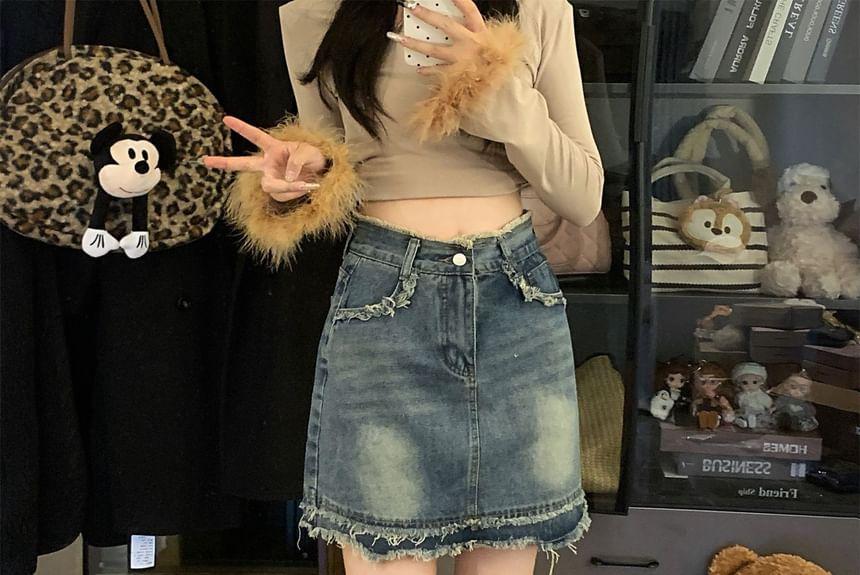 High Waist Washed Fringed Trim Denim Mini Pencil Skirt Product Image