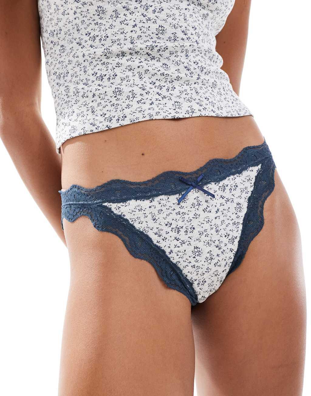 ASOS DESIGN Cassie rib cami and briefs set in gray & navy ditsy print Product Image
