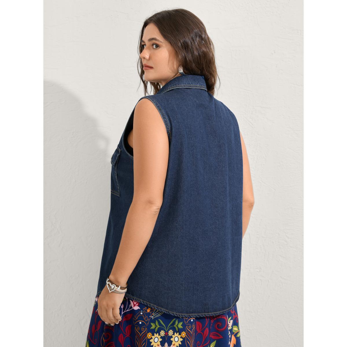 Women Button-Front Long Denim Vest Jacket Denimindigo Plus Size Button Vacation Patch pocket Denim Jackets BloomChic 14-16/1X Product Image