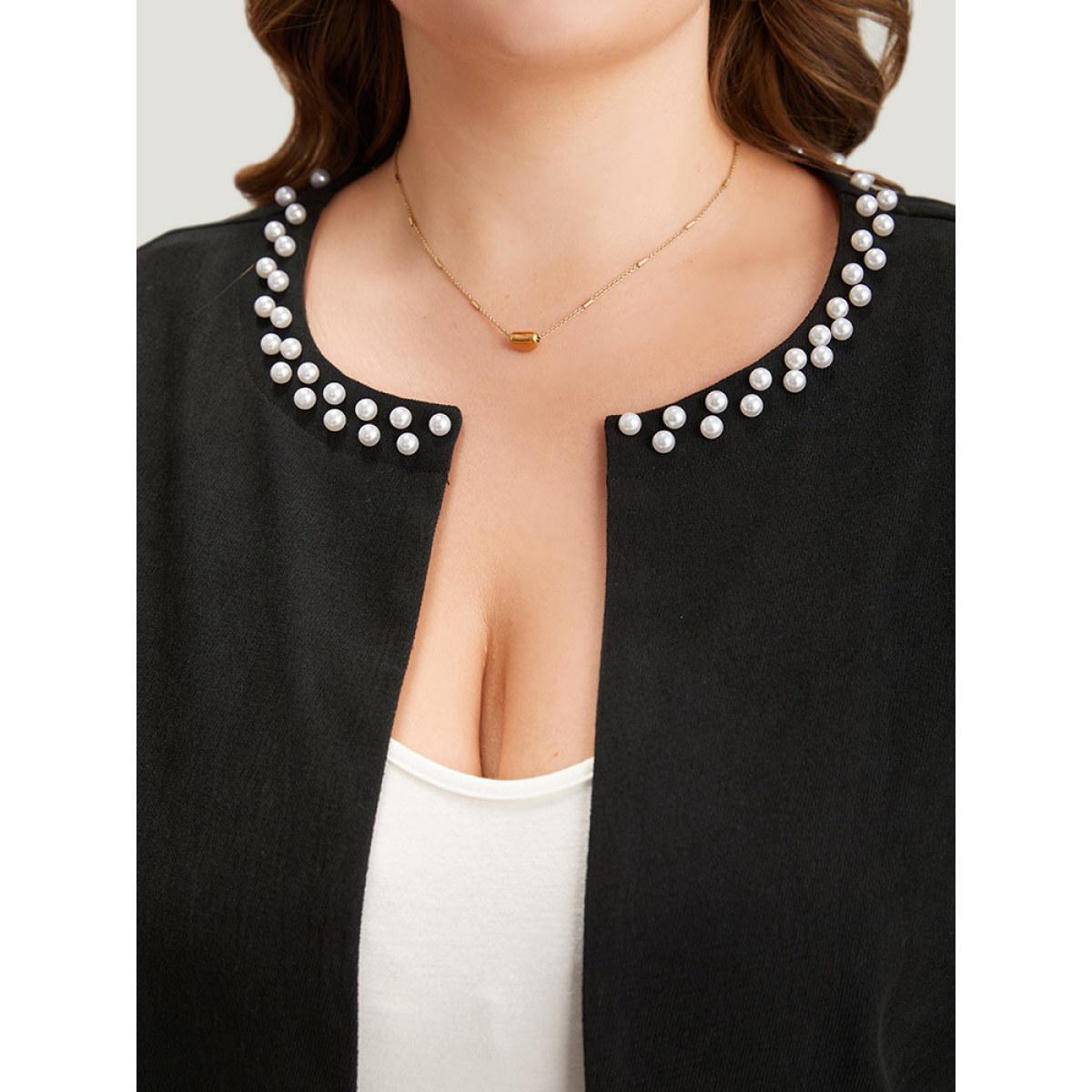 Plus Size Solid Pearl Beaded Detail Open Front Coat Women Black Casual Beaded Ladies Dailywear Winter Coats BloomChic 14-16/1X Product Image