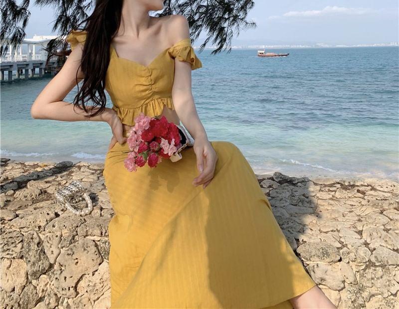 Set: Plain Ruffle Crop Camisole Top + High Waist Maxi A-Line Skirt Product Image