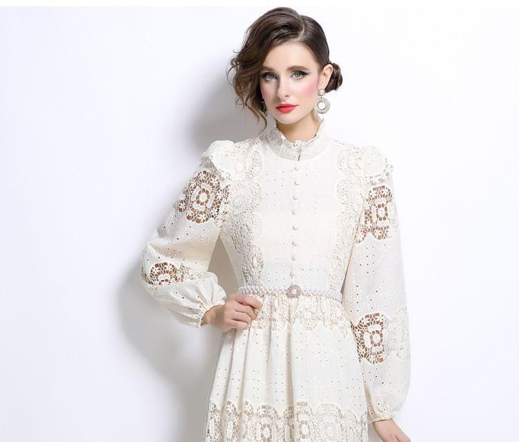 Set: Long Sleeve Stand Collar Plain Button Panel Lace Midi A-Line Dress + Belt Product Image