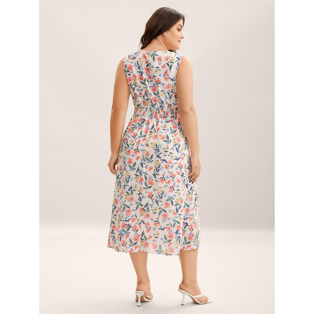 Plus Size Shirred Waist Floral Print Pockets Midi Dress Ivory Women V-neck Sleeveless Curvy BloomChic 10/M Product Image