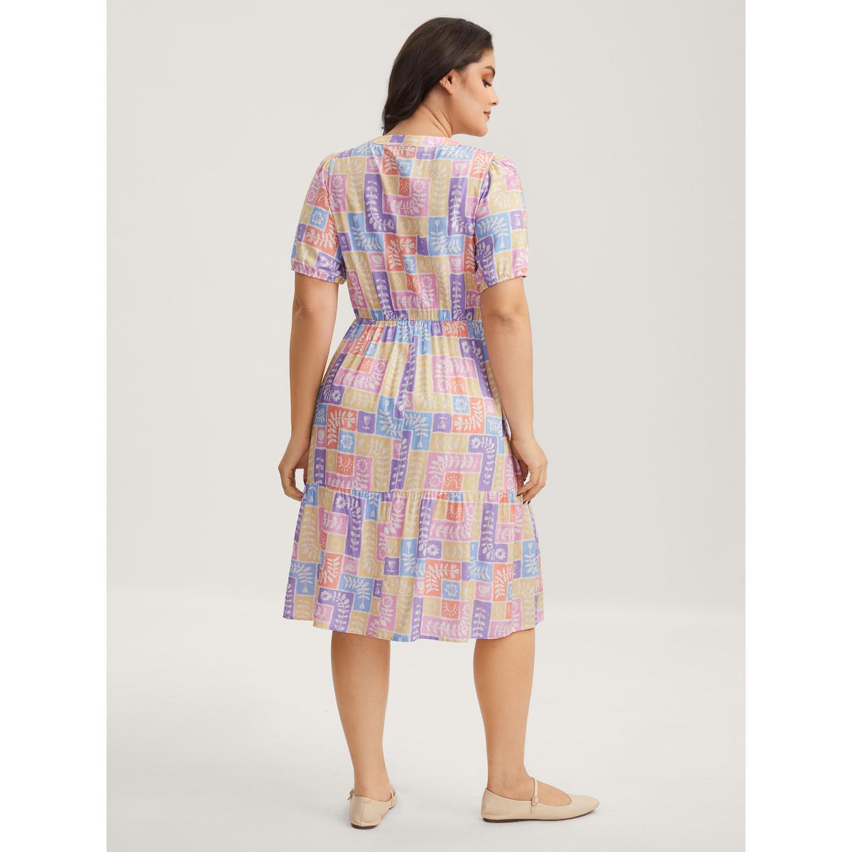 Plus Size Rayon Floral Collage Stretchy Waist Midi Dress Multicolor Women Flat collar with V-notch Short sleeve Curvy BloomChic 26/4X Product Image