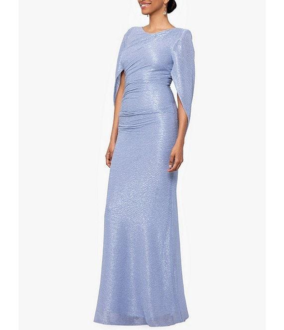 Betsy & Adam Drape Back Detail 3/4 Cape Sleeve Draped Round Neck Metallic Crinkle Ruched Sheath Gown Product Image