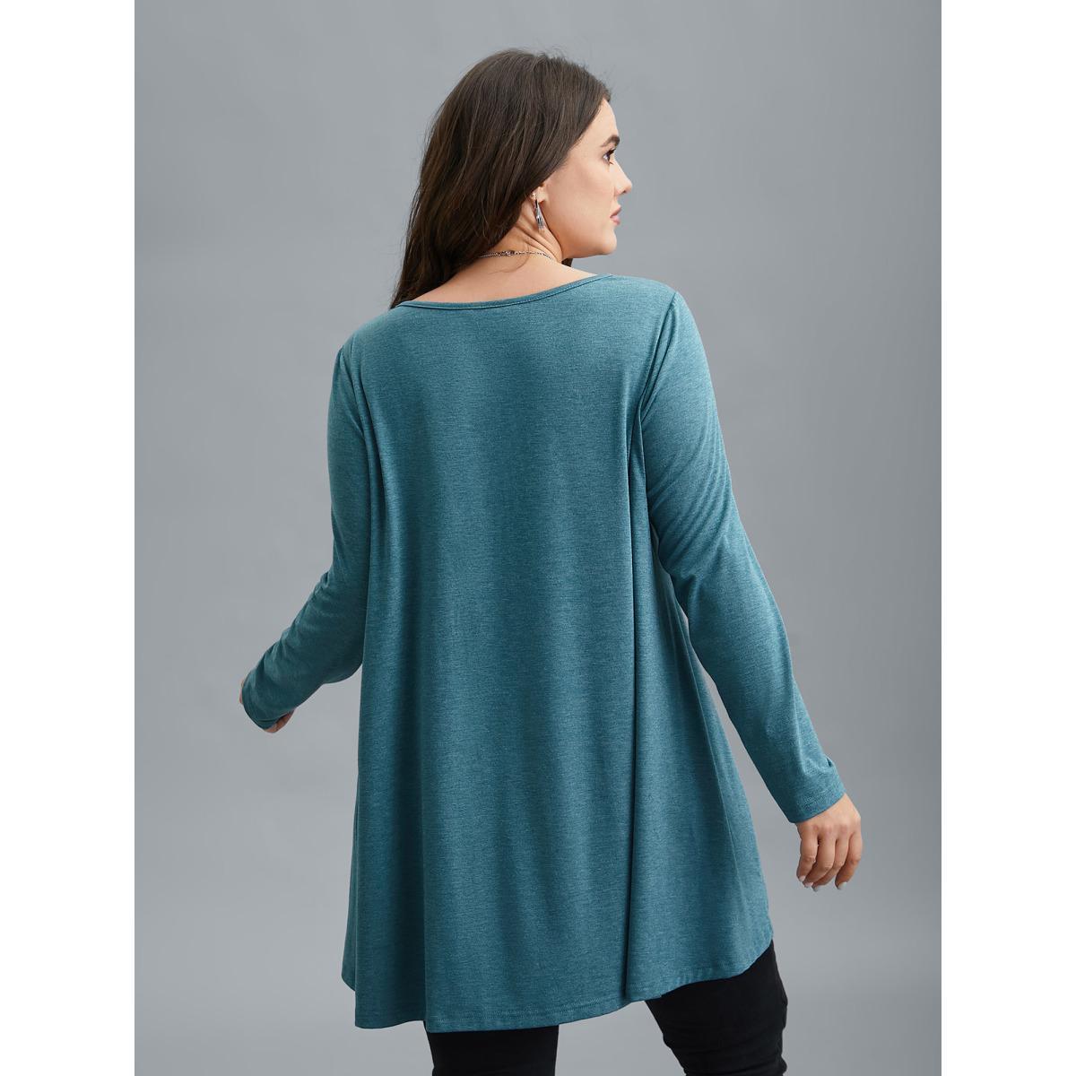 Plus Size Shoulder Button Hi-Low Hem Flared T-Shirt Teal Women Casual Button Round Neck Loose Everyday T-shirts BloomChic 10/M Product Image