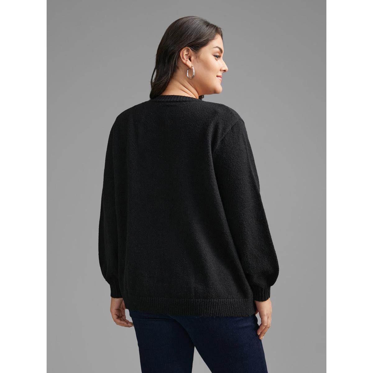 Plus Size Stereo Flower Design Button Through Cardigan Black Women Casual Loose Long Sleeve Everyday Cardigans BloomChic 14-16/1X Product Image