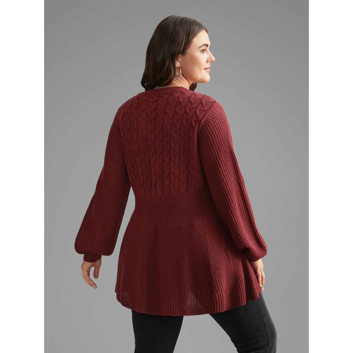 Plus Size V Neck Texture Cable Knit Pullover Burgundy Women Casual Bodycon Long Sleeve V-neck Everyday Pullovers BloomChic 12/L Product Image
