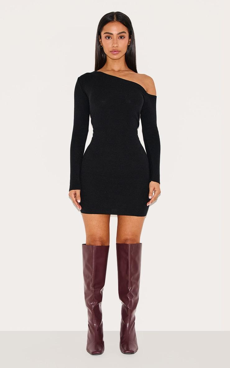 Petite Black Asymmetric Shoulder Ribbed Mini Dress Product Image