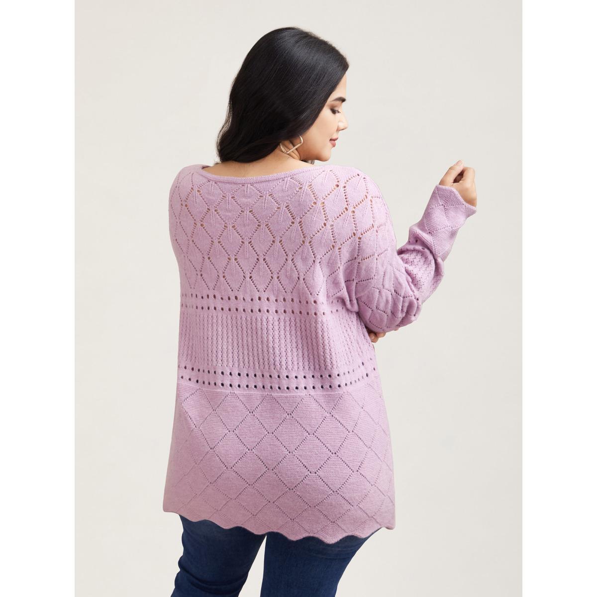 Plus Size Cut-Out Textured V-Neck Pullover Lilac Women Casual Loose Long Sleeve V-neck Everyday Pullovers BloomChic 14-16/1X Product Image