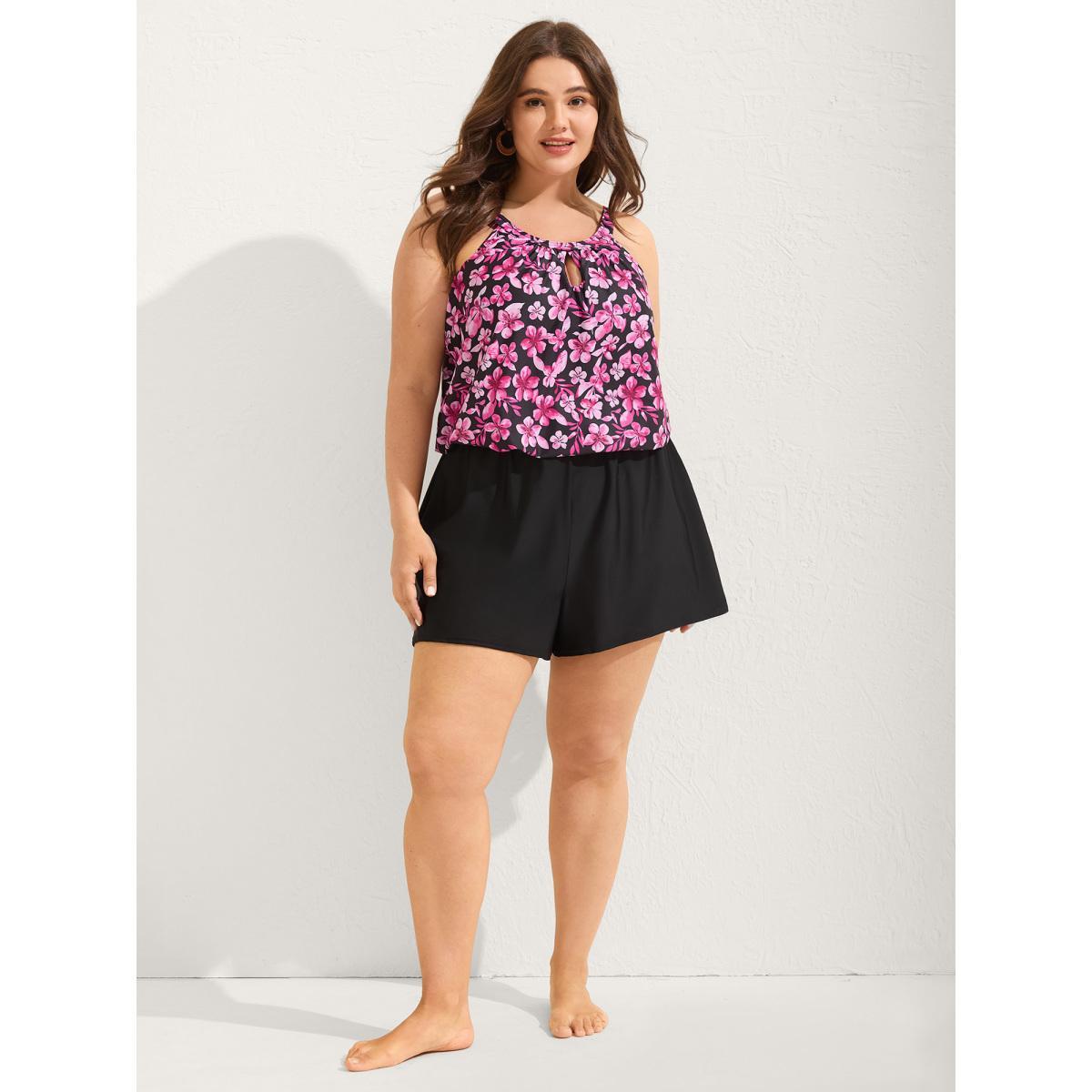 Plus Size Floral Print Keyhole Pockets Swim Romper Women's Swimwear Rosered Beach Curve Bathing Suits High stretch One Pieces BloomChic 28/5X Product Image